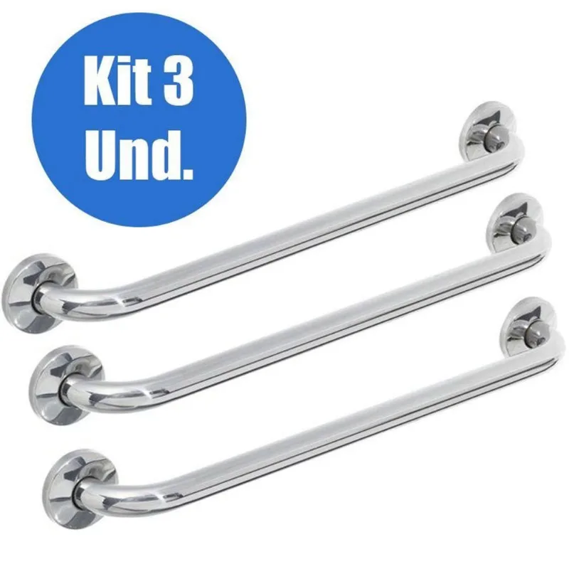 Alça Apoio Banheiro Inox 40Cm Barra Kit 3 Un