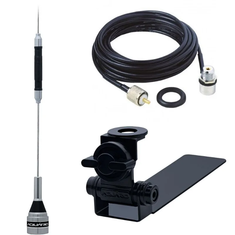 Antena Móvel px 67cm Bobina Central B-2050 + Suporte Adaptável Bi-Articulado Carroceria Caminhonete + Cabo Coaxial 5,5 Metros com Conectores