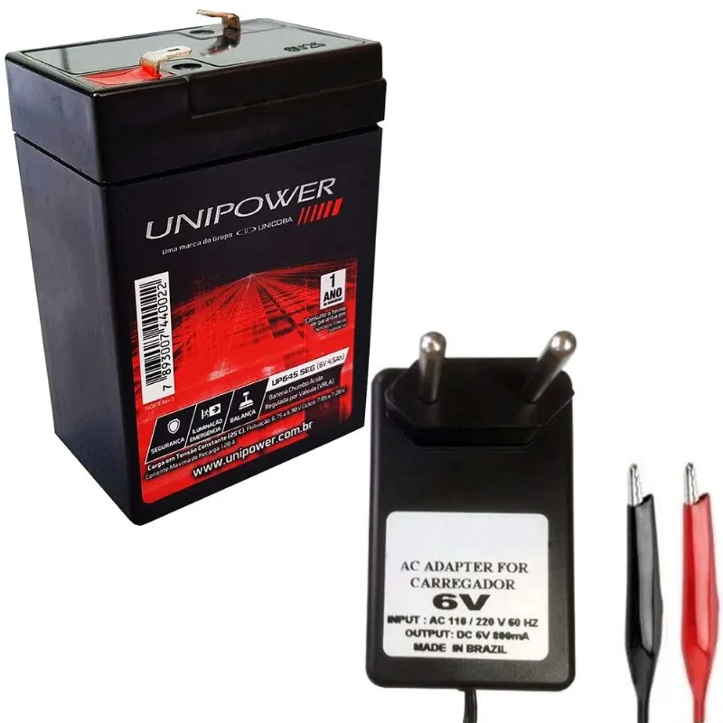 Kit Bateria Recarregavel 6v 4,5ah Unipower + Carregador 6v 800mah Plug Garra Jacare Moto Carro Motinha Carrinho Eletrica