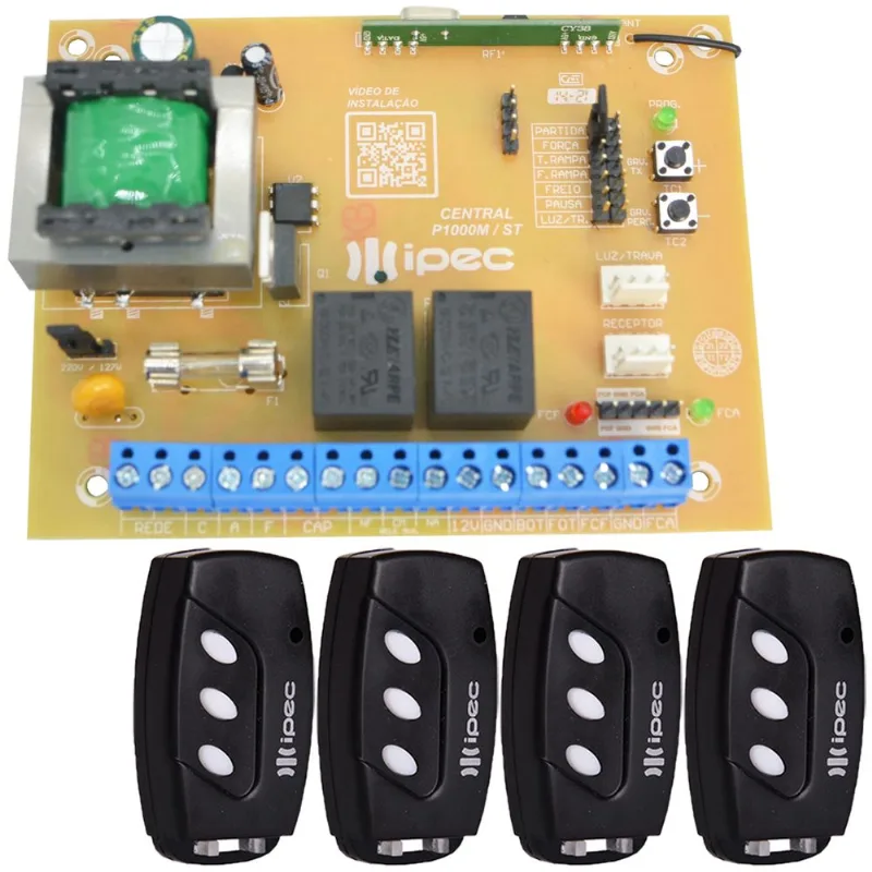 Placa Central Para Motor De Portao Rossi Mx30 Kx30fs Reed Switch + 4 Controles 3 Canais Clip Fixacao Preto