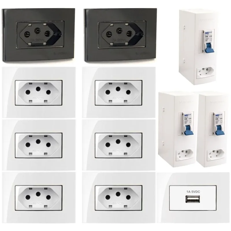 8 Tomada Embutir Móvel 3 Pinos 10a + Tomada Usb 1a + 3 Caixa Sobrepor Disjuntor Unipolar 20a - Não Disponível - Construção E Ferramentas