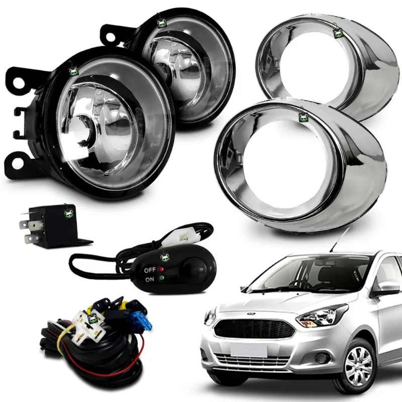 Kit Farol Auxiliar Milha Ka 2015 2016 2017 2018 Moldura Cromada Lente Vidro Botao Colante