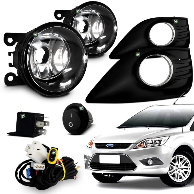Kit Farol Auxiliar Milha Focus 2009 2010 2011 2012 Moldura Preta c/ Aro Cromado Botao Tic Tac
