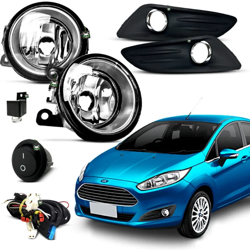 Kit Farol Auxiliar Milha New Fiesta 2013 2014 2015 2016 Moldura Preta c/ Aro Cromado Botao Tic Tac