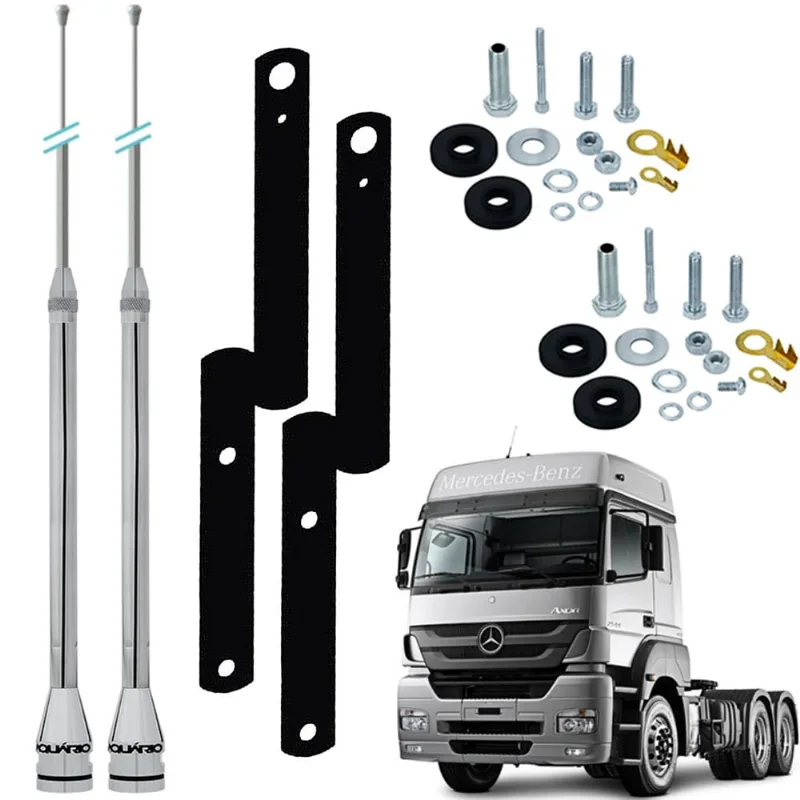 2 Antena Móvel Px Inox 2,70 metros Alongador 60cm Parafusos Anti-Furto Suporte Traseiro Mercedes Benz Axor