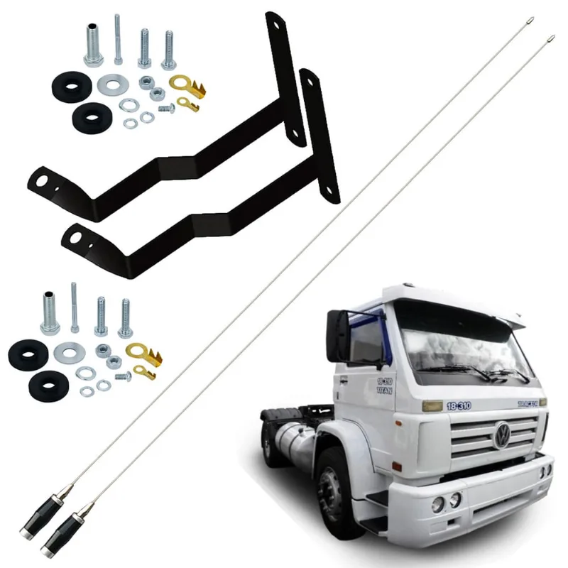 2 Antena Móvel Px Inox Mini Maria Mole 1,40 metros + Suporte Dianteiro Volkswagen Worker Titan + Parafusos Anti-Furto
