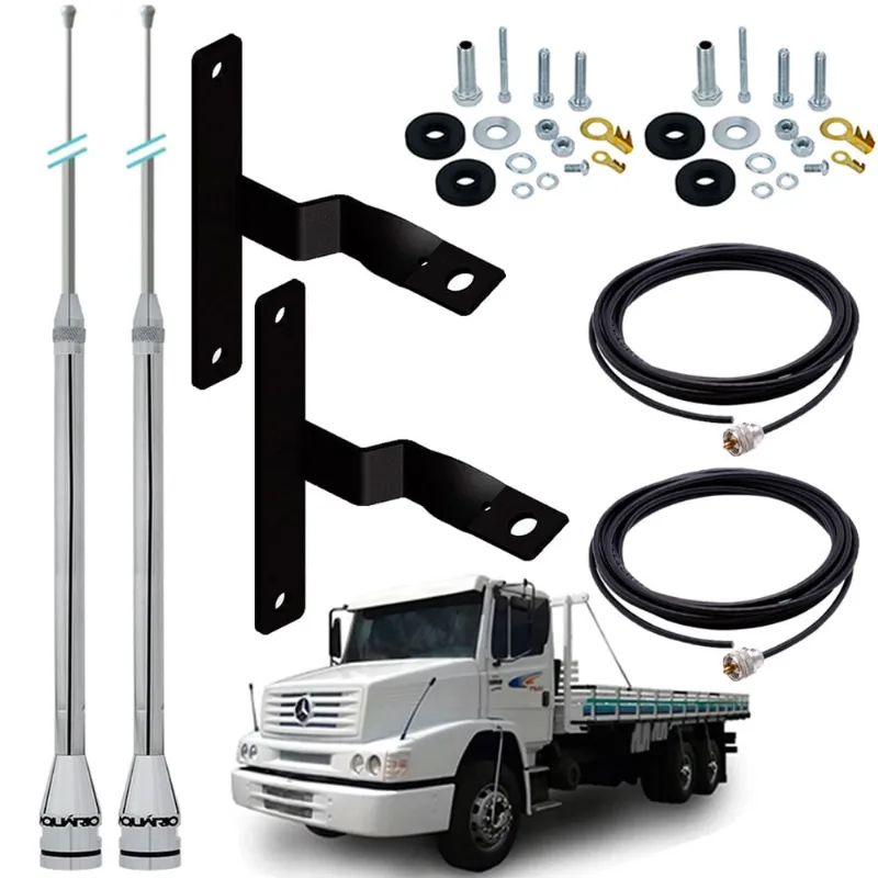 Antena Móvel Px Inox 2,70 metros Alongador 60cm Cabo 5,5 metros Suporte Dianteiro Capô Mercedes Benz Bicudo Parafusos Anti-Furto