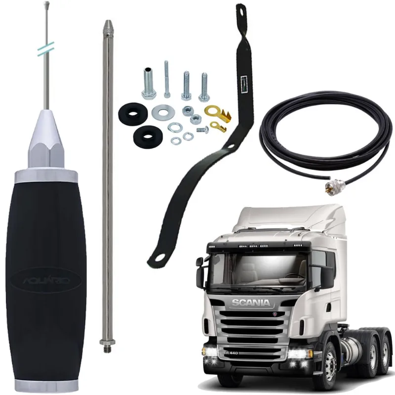 Antena Móvel Px Inox Maria Mole 2,70 metros Alongador 60cm Cabo 5,5 metros Parafusos Anti Furto Suporte Traseiro Scania