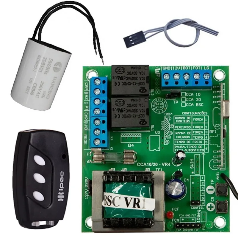 Central Placa Portão Eletrônico cca-bsc Rcg + Capacitor 25uf 127V + Controle 3 Canais