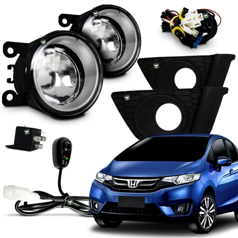 Kit Farol Auxiliar Milha Honda Fit 2015 2016 2017 Moldura Preta Botao Colante
