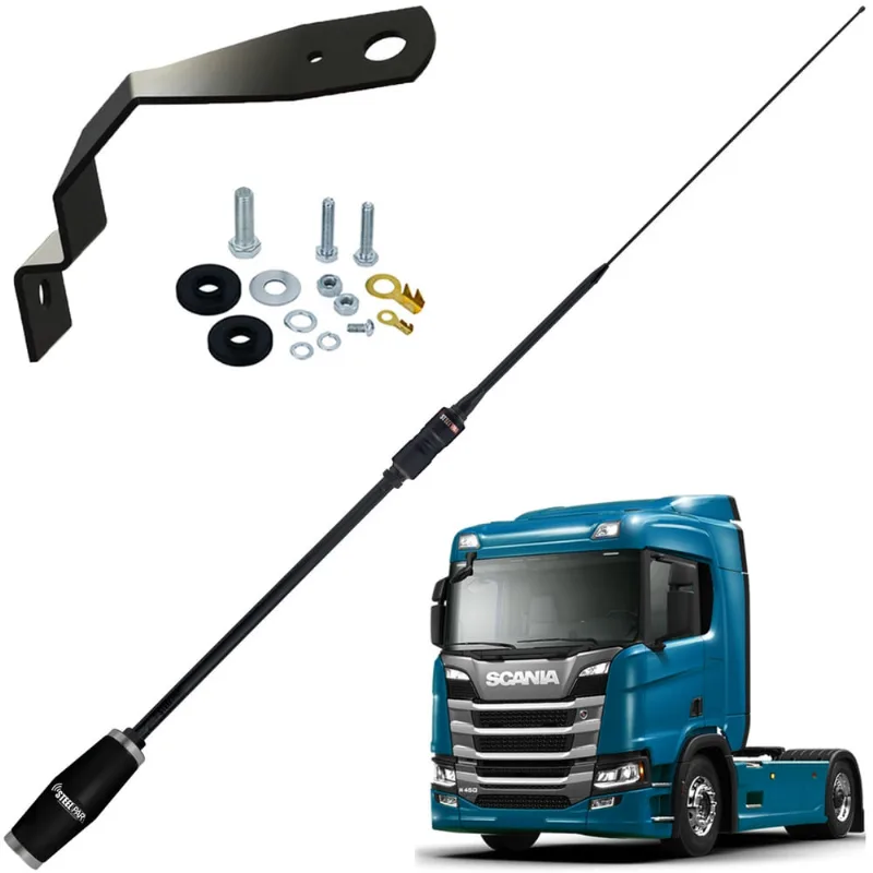 Antena Móvel Px Bobinada Black Argentina 1,63m + Suporte Dianteiro Lado Direito Carona Scania + Parafusos