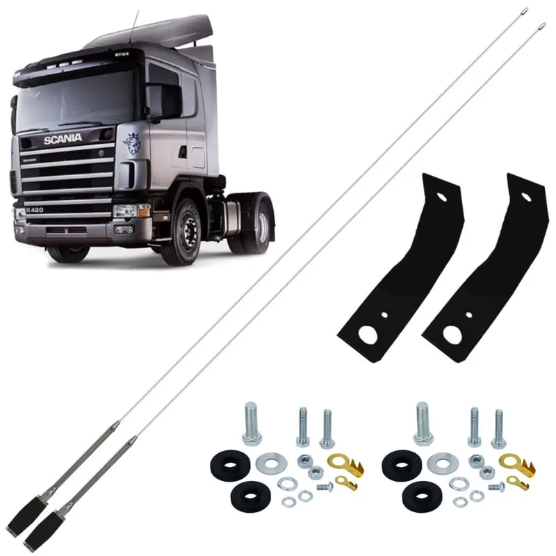 2 Antena Px Inox Mini Maria Mole 1,40 Metros Alongador 15cm Suporte Frontal Scania Parafusos Fixação