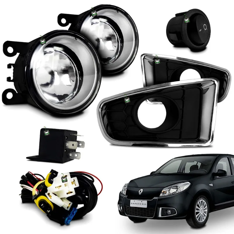 Kit Farol Auxiliar Milha Sandero 2012 2013 2014 Moldura Cromada Botao Tic Tac