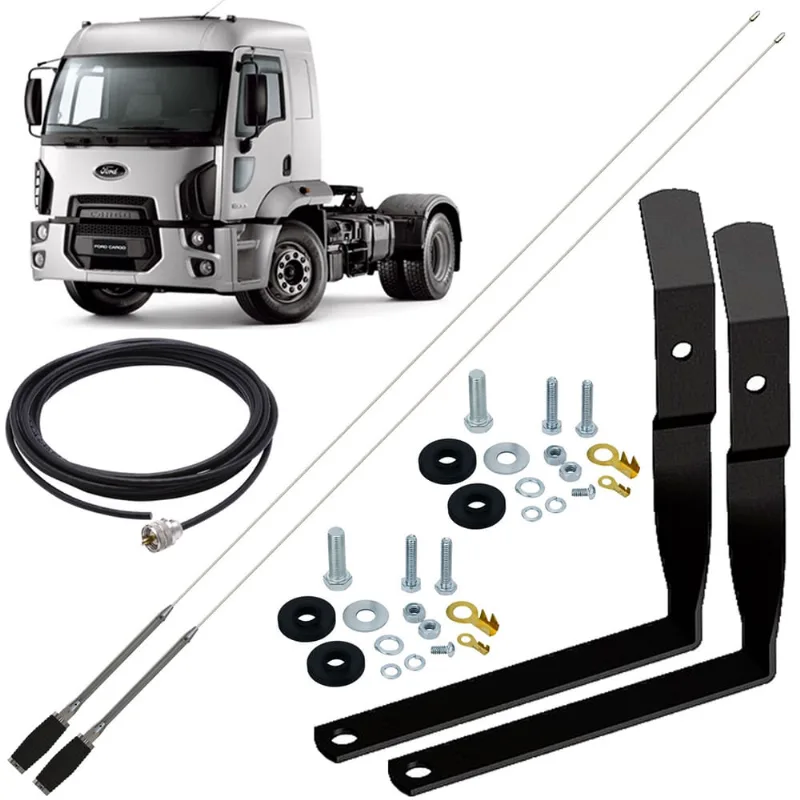 2 Antena Móvel Inox Px 1,40m Alongador 15cm Suporte Dianteiro Ford Cargo Cabo 5,5m Parafusos Fixar