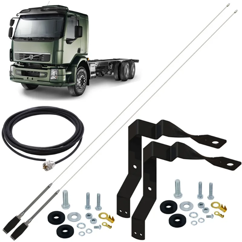 2 Antena Móvel Inox Px 1,40m Alongador 15cm Suporte Dianteiro Volvo Vm Cabo 5,5m Parafusos Fixação