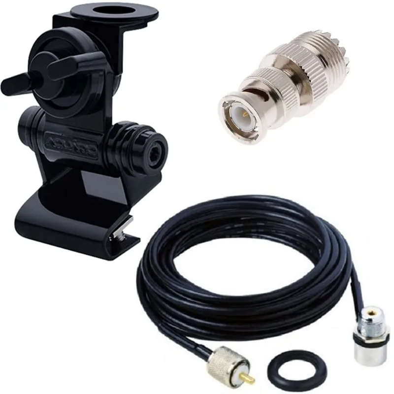 Suporte Bi-articulado p/ Antena Capô Porta Malas Cabo 5,5m Adaptador Bnc Macho Uhf Fêmea