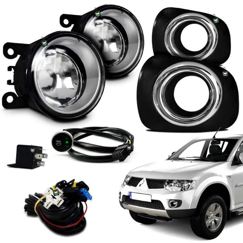 Kit Farol Auxiliar Milha L200 Triton 2015 2016 2017 2018 Moldura Preta c/ Aro Cromado Botao Touch