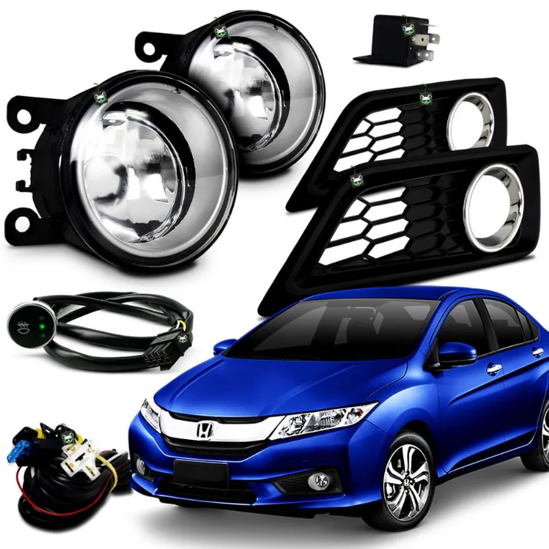Kit Farol Auxiliar Milha Honda City 2015 2016 2017 Moldura Preta c/ Aro Cromado Botao Touch