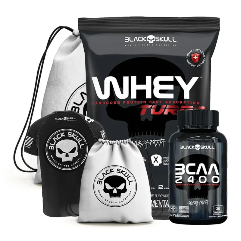 Whey protein turbo 900G + bcaa + camiseta padã? O preto G + mochila - black skull (baunilha) - Black Skull - Suplementos E Vitaminas