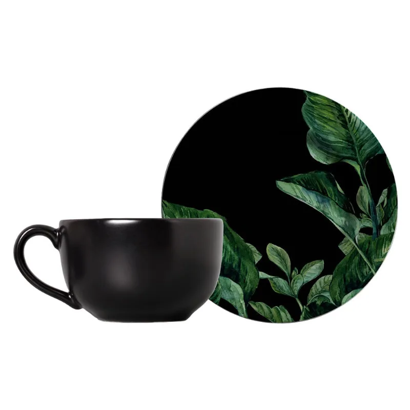 Conjunto com 06 Xícara de Chá 200ml e 06 Pires Leaves Preto e Verde