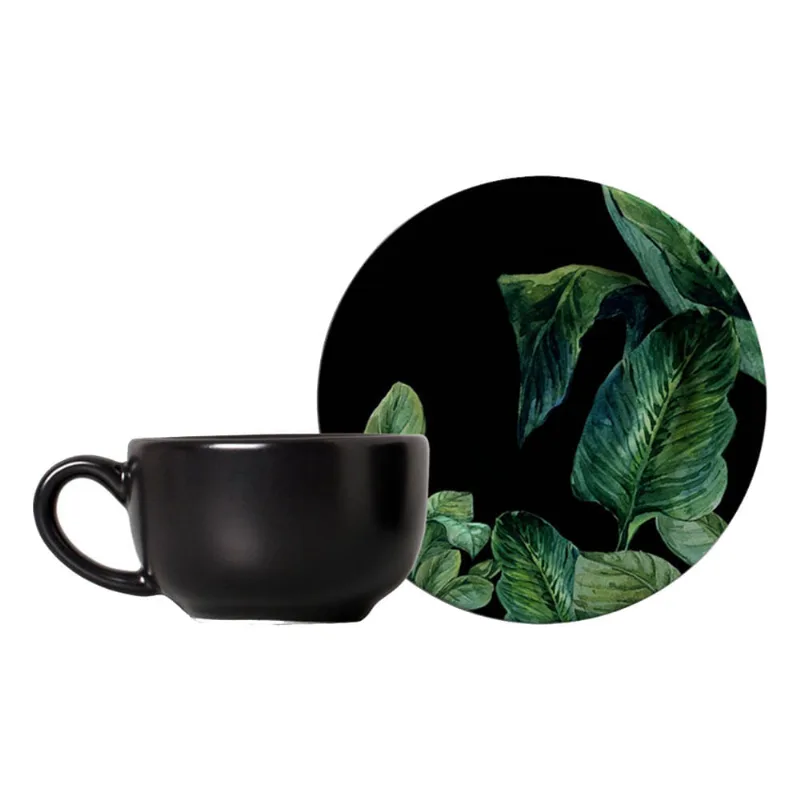 Conjunto com 06 Xícara de Café 80ml e 06 Pires Leaves Preto e Verde
