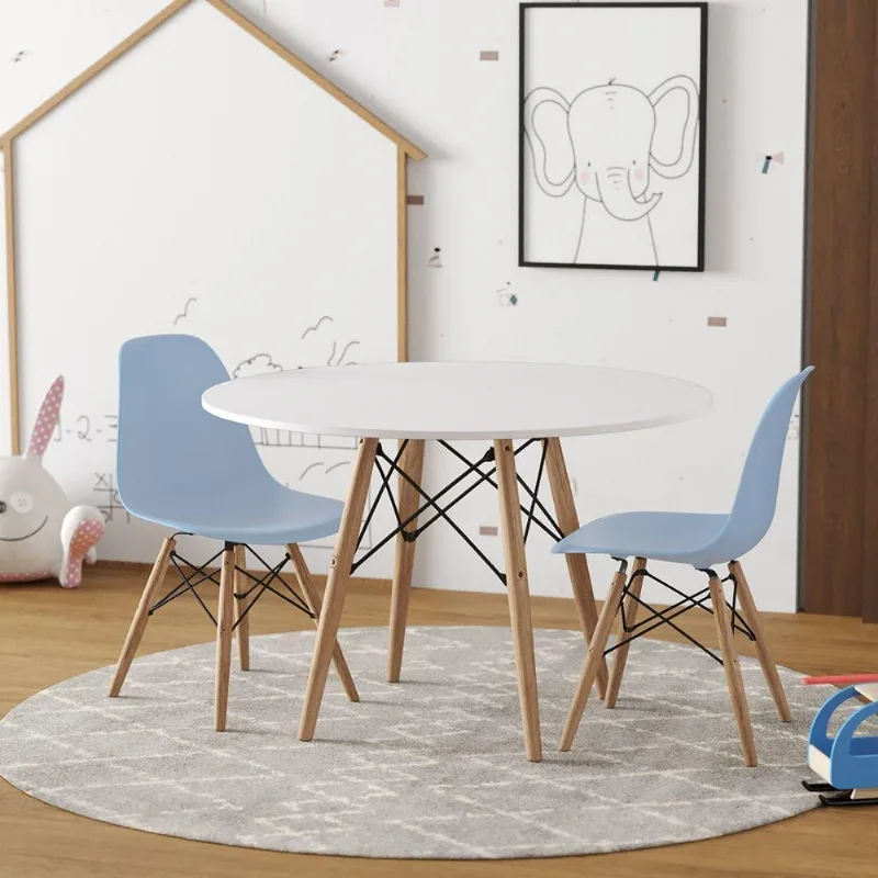 Conjunto De Mesa Madeira Infantil 68Cm Redondo Branco 2 Cadeiras Azul