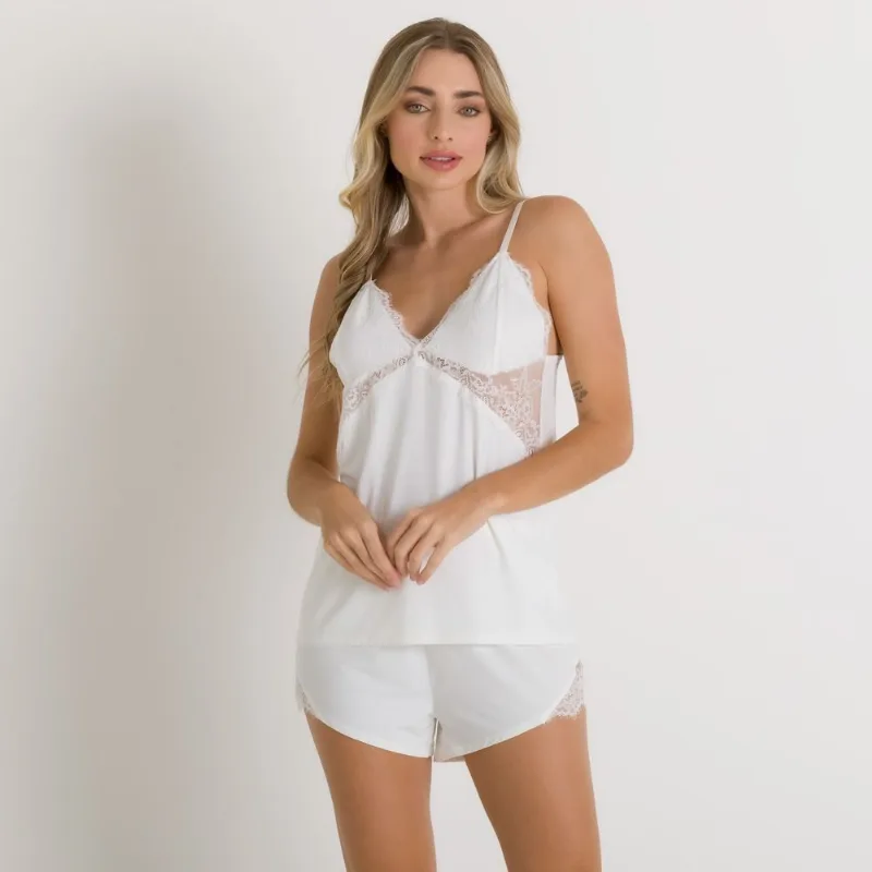 Short Doll De Poliamida Com Renda Camila Moretti Off White