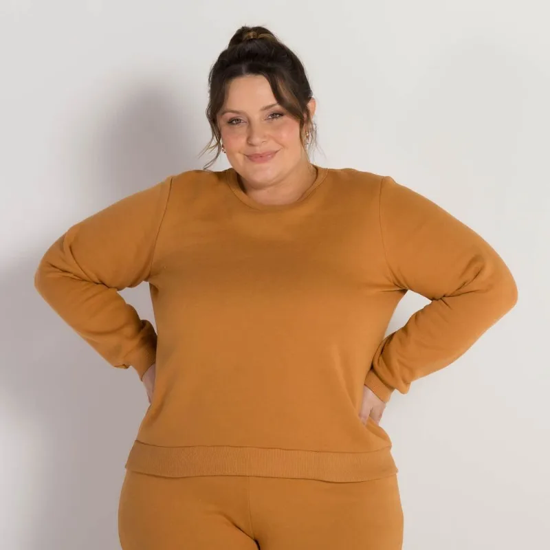 Blusão Moletom Felpado Plus Size Patricia Foster Mais Bege Book