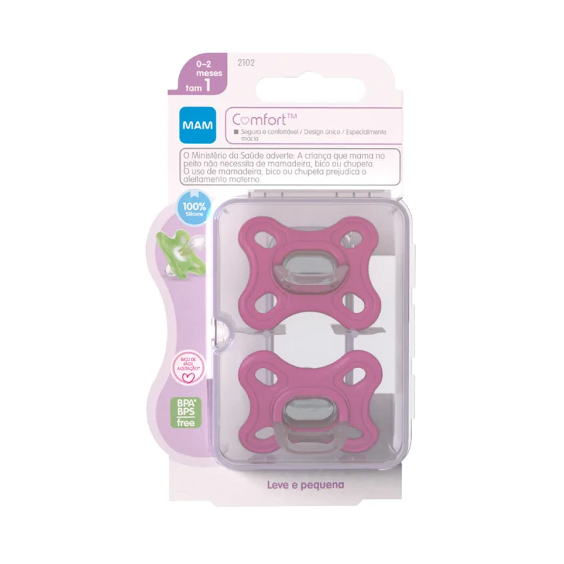 Chupeta MAM Comfort Bico Simétrico de 0 a 2 meses SkinSoft Silicone Rosa Tamanho 1 2 Unidades + Estojo Esterilizável - Mam - Mamães E Bebês