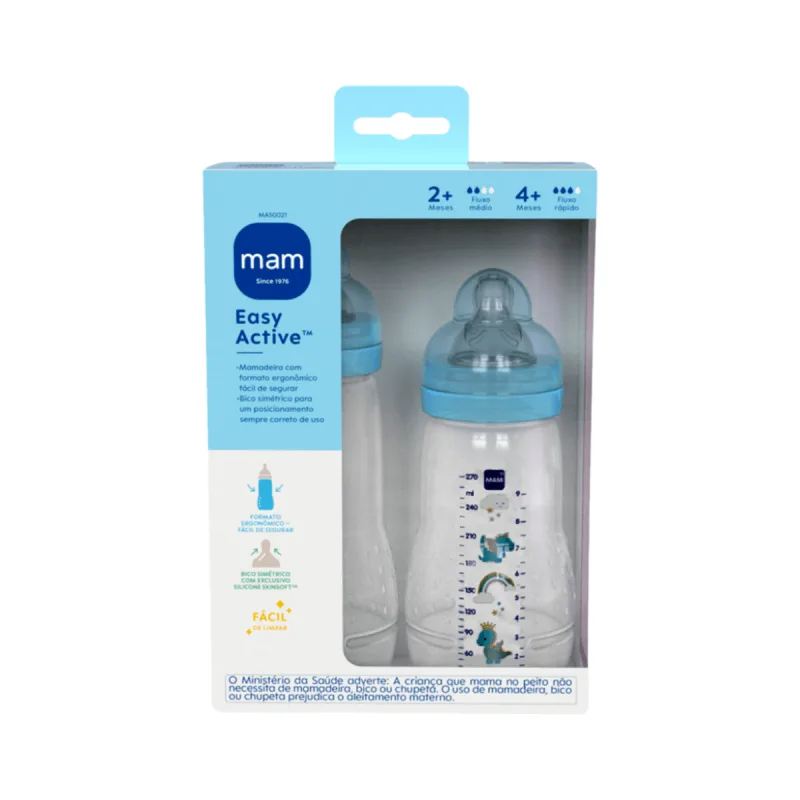 Kit Mamadeiras MAM Easy Active Azul 270ml e 330ml 2 unidades - Mam - Mamães E Bebês