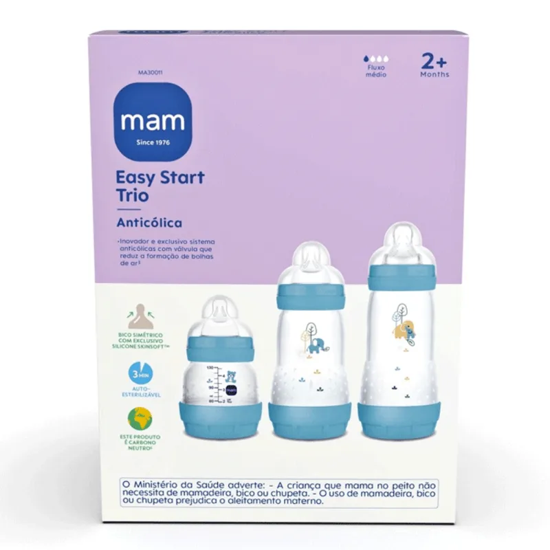 Kit com 3 Mamadeiras Easy Start 130/260/320ml Azul - MAM