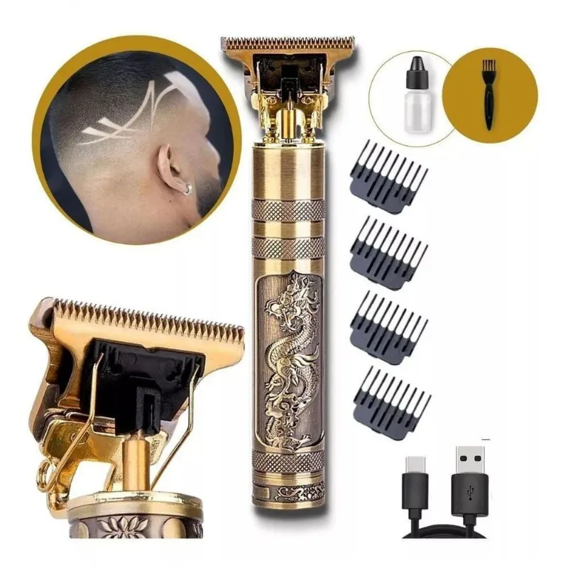 Aparador de Barba e Cabelo Máquina Buda Profissional Lâmina Titânio Bateria Recarregável Dourado - OUTRAS