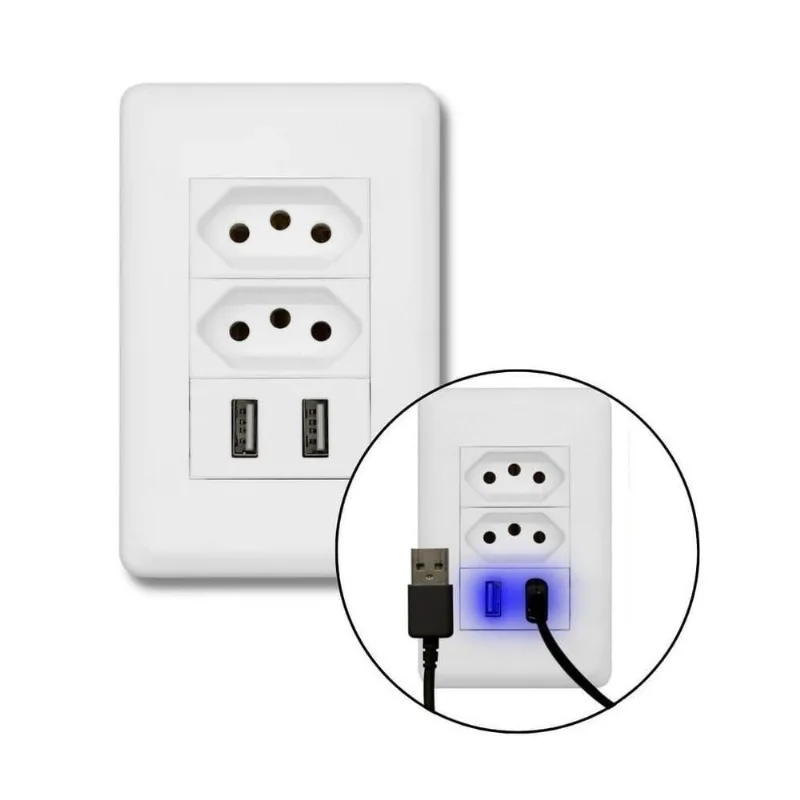 Tomada de Parede Luxo 2 Portas USB Bivolt 2P+T 10A 250V Branco OEM