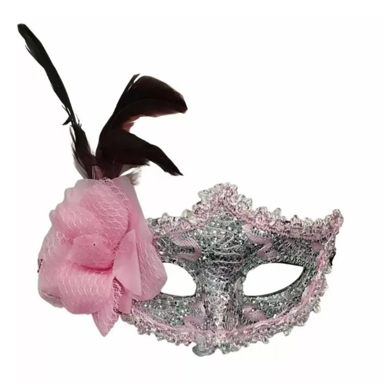 Máscara Veneza Luxo Com Pena Flor Rosa Prata Fantasia