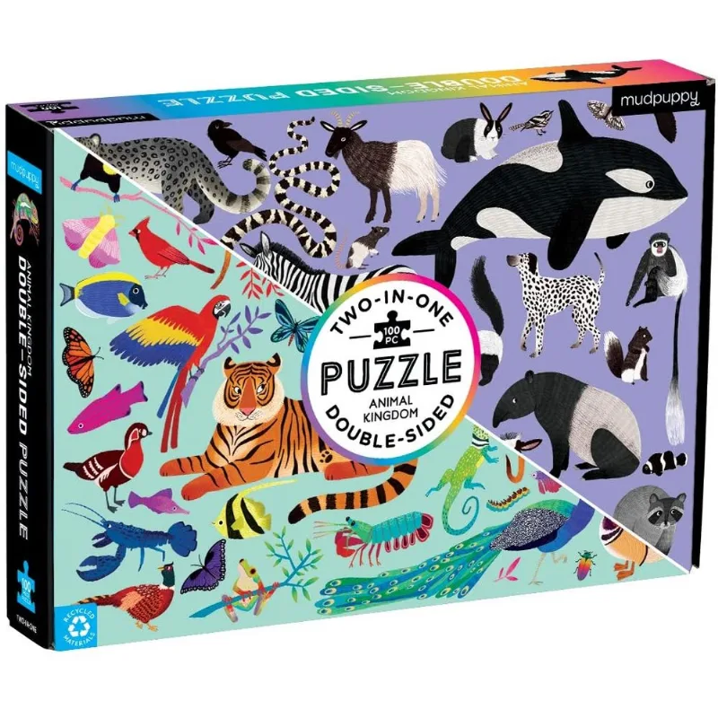 Mudpuppy Animal Kingdom Double-sided Puzzle, 100 Peças, 22x16.5 – Quebra-cabeça Familiar Perfeito Para Idades 6+ - Com Animais Coloridos D