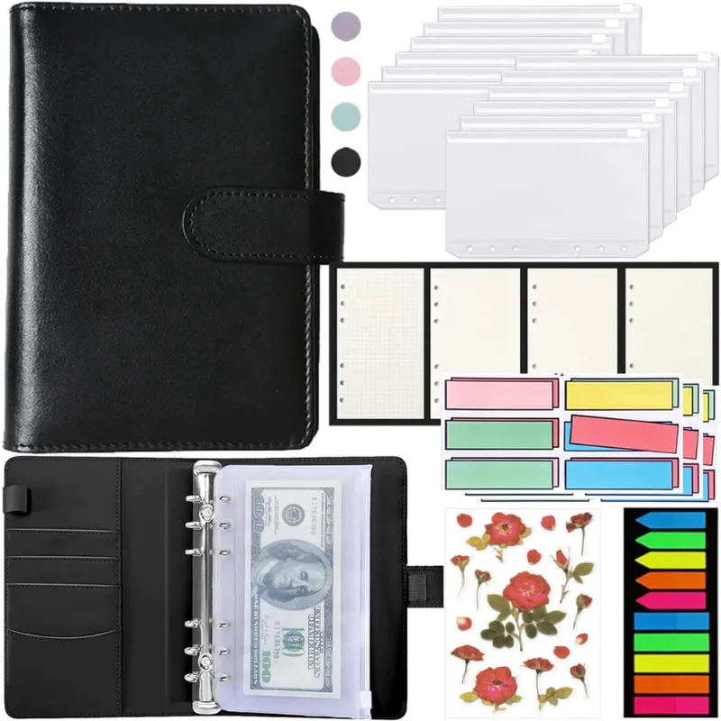 Organizador de planejador de caderno de couro pu Binder Budget A6 com 12 envelopes de dinheiro com zíper, folhas de orçamento, adesivos para orçamento e economia de dinheiro (preto) preto -