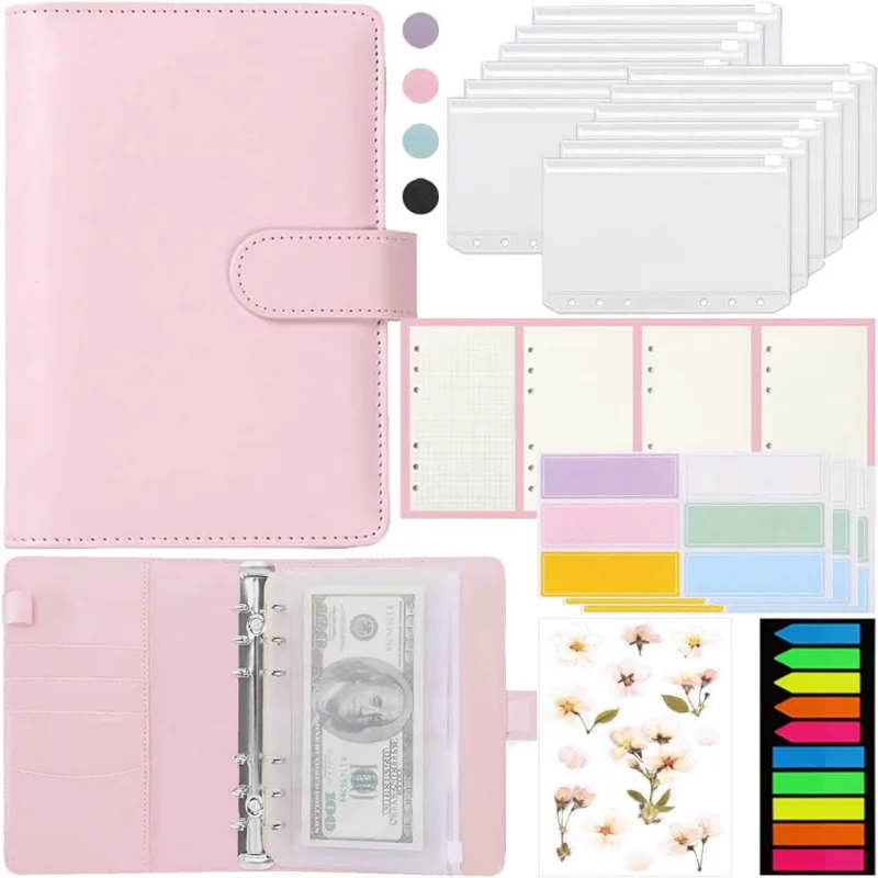 Organizador de planejador de caderno de couro pu Binder Budget A6 com 12 envelopes de dinheiro com zíper, folhas de orçamento, adesivos para orçamento e economizar dinheiro (rosa) rosa -