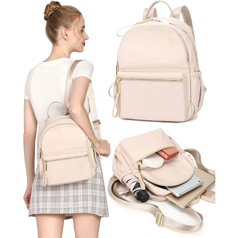 Mini mochila para mulheres meninas adolescentes com bolso anti-roubo designer de moda bolsa fofa para viagens universitárias casuais pequenas senhoras bolsas escolares bege