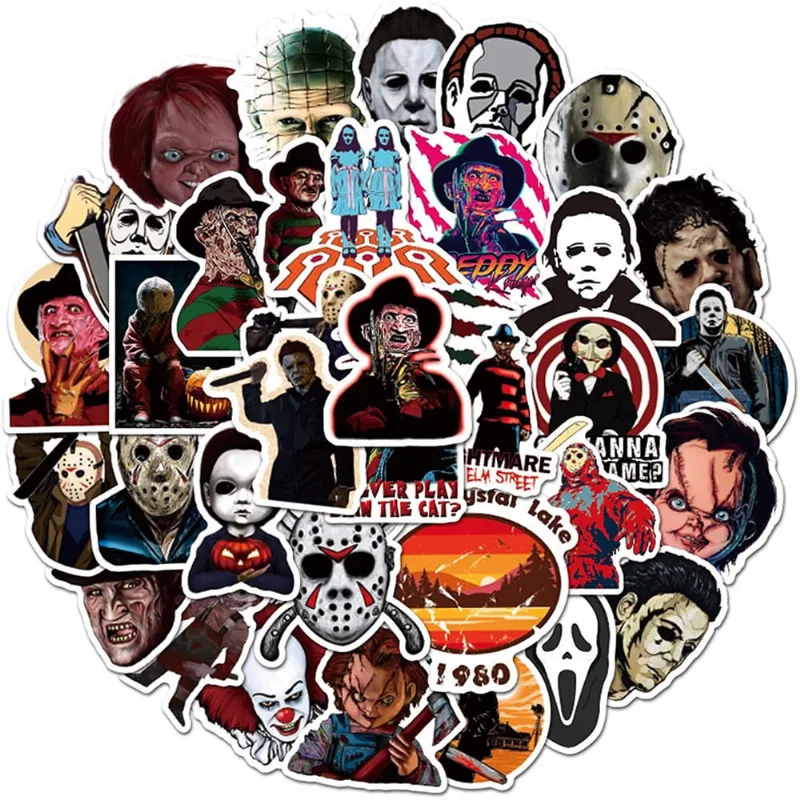 50 Pcs Halloween Horror Thriller Filme Personagem Tema Adesivos Impermeáveis para Laptop Celular Garrafa de Água Skate Bagagem Carro Bumper jxqx (JS003)