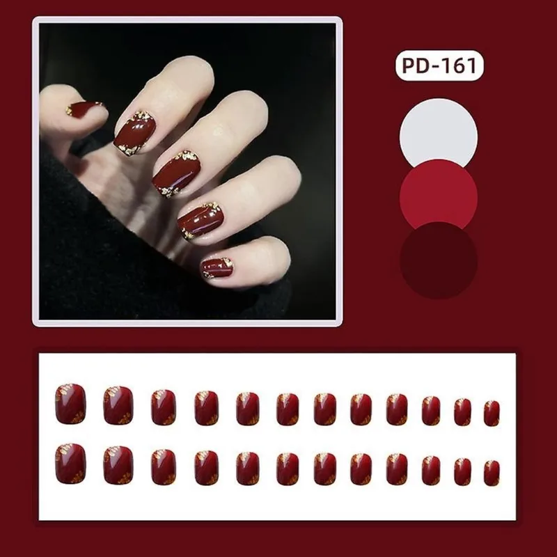 24pcs vinho vermelho unhas falsas cabeça redonda curta estilo doce imprensa nas unhas vestíveis