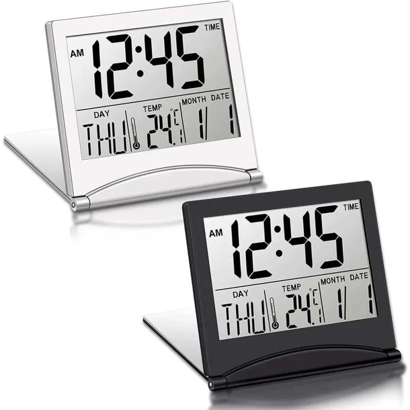 Despertador digital de viagem de 2 peças Relógio lcd dobrável operado por bateria com modo de soneca de temperatura do calendário Relógio de mesa pequ - Não Disponível
