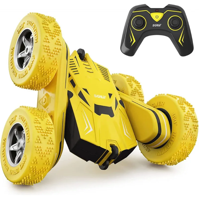 Brinquedo de carro acrobático rc, carro de controle remoto de carga direta com rotação de 360 lados para meninos, crianças, meninas, amarelo