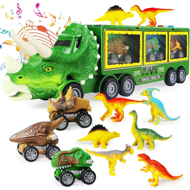 Caminhão de Dinossauro com Brinquedos e Luzes - 10 em 1 com 3 Carros Puxados e Sons - 70 caracteres