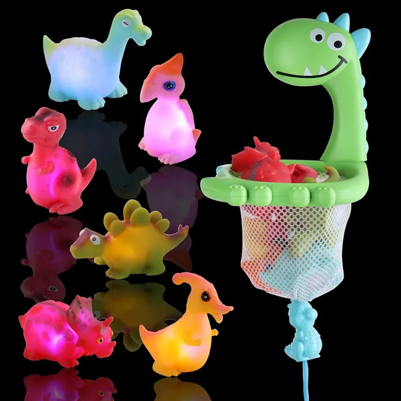 Brinquedo de banho ilumina brinquedos de dinossauros flutuantes de led, 7 brinquedos de banheira com aro de cordão e ventosa, esguichos flutuantes de silicone, brinquedos de banho para crianças pequen
