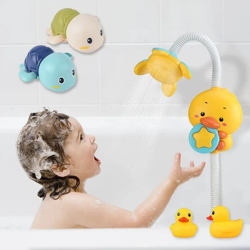 Brinquedo de banho de bebê, bomba de água automática elétrica de pato com banho de aspersão de chuveiro de mão, brinquedos de banho de tartaruga de natação para crianças, brinquedos de banheira para c