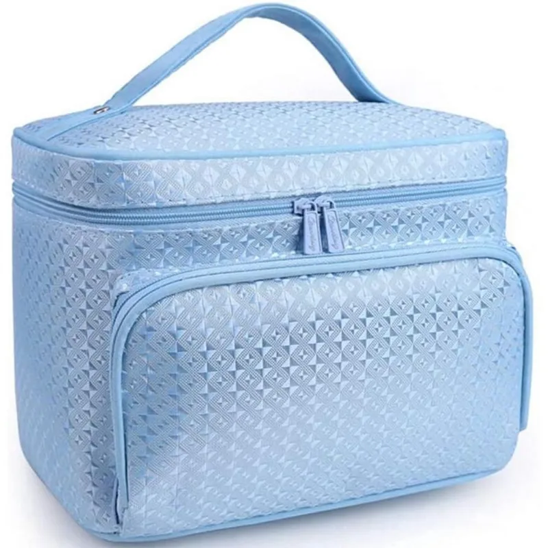 Bolsa de maquiagem para mulheres meninas Bolsas de cosméticos com suporte de escova Bolsa de lavagem de higiene pessoal de viagem Bolsa organizadora de maquiagem, azul