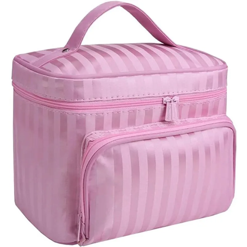 Bolsa de maquiagem para mulheres meninas Bolsas de cosméticos com suporte de escova Bolsa de lavagem de higiene pessoal de viagem Bolsa organizadora de maquiagem, listra rosa
