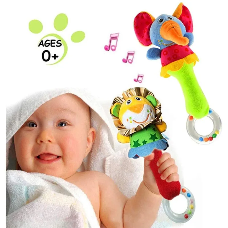 Agitador de chocalhos macios para bebês, brinquedos infantis de desenvolvimento para bebês, bicho de pelúcia fofo com som para 3 6 9 12 meses e presente de recém-nascido (pacote com 2)
