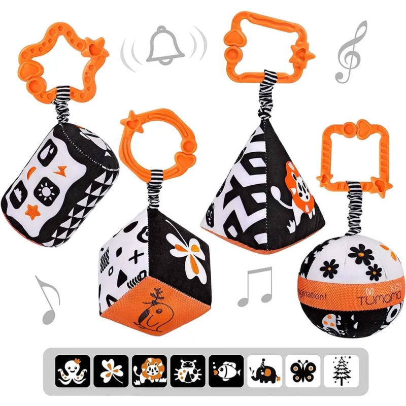 Conjuntos de formas de alto contraste, brinquedos de bebê, brinquedo de carrinho preto e branco para assento de carro, anéis de chocalhos de pelúcia p - Não Disponível - Brinquedos
