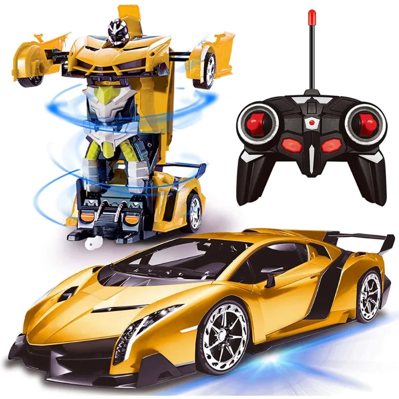Carro Robô Controle Remoto c/ Luzes 1:18 360° - Recarregável, Deformação e Stunt Race - Presente Natal